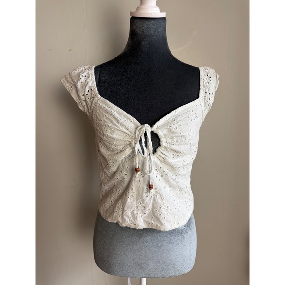 Tops - White Eyelet Lace Tie Front Crop Top Smocked Back Boho milkmaid Regencycore